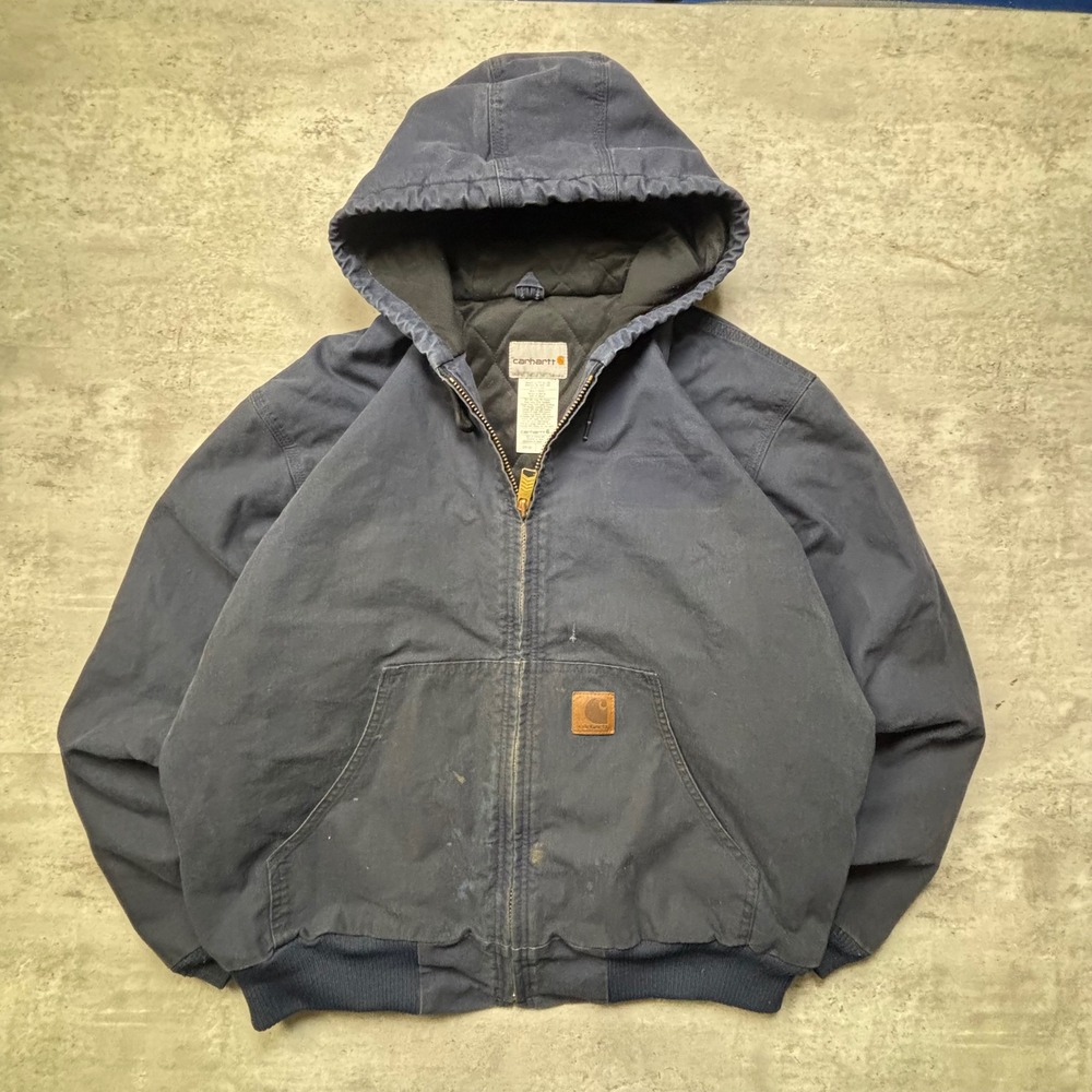 Carhartt Duck Canvas Hooded Jacket XL Regular Navy Blue Quilted Lined Workwear